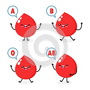 Happy Cute healthy blood drop character, Blood type group, set of cute blood types in different actions with red blood cells photo