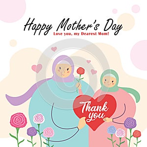 Mother`s Day greeting card - cartoon muslim mother & daughter with carnation flowers