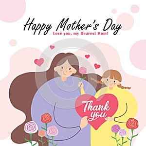 Mother`s Day greeting card - cartoon mother & daughter with carnation flowers