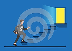 Office worker climbing up stairs to exit door, business man finding way to escape cartoon flat illustration vector