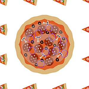 Pizza and slices seamless pattern, isolated on clean white background