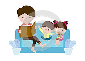 Father reading fairy tales to his son and daughter, family, reading and telling book fairy tale story, Kids Listening to Their dad