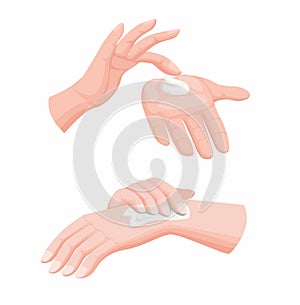 Smear cream hand lotion, cosmetic lotion cream for hand or body on woman hand in two step instruction. realistic cartoon illustrat photo