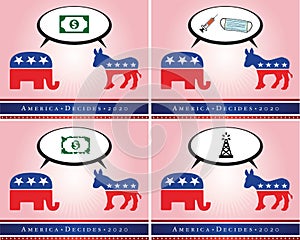 4 illustrations of donkey and elephant representing the Democrat and Republican parties in times of the covid-19 virus