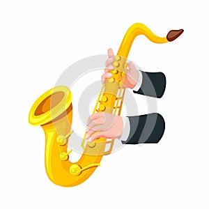 Hand holding and playing saxophone symbol in cartoon style illustration vector isolated in white background