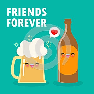 Funny mug of beer and beer bottle cute cartoon characters Happy international beer day poster background vector illustration