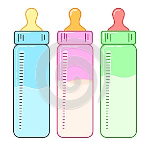 Feeding bottle set. vector set. Vector illustration. Feeding kit. Milk bottles. For babies. Feeding bottle icon