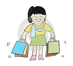 Happy woman smile two hands holding shopping bags