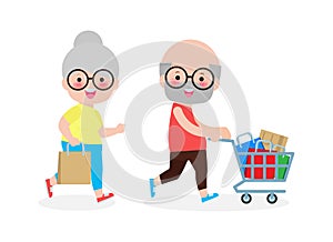 Happy senior couple shopping, old man and old woman with purchases on cart,  cute Elderly Shopping concept, Big sale. Purchasing