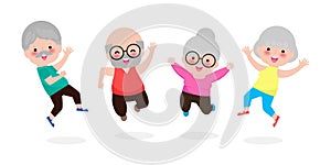 Happy Group of elderly people jumping together, old senior couple jumping cartoon old man and old woman people dancing with joy,