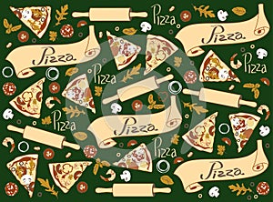 Pattern with pizza pieces on dark green background
