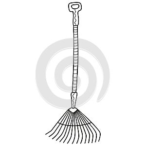 Black and white garden and kailyard rakes with handle. Stylized hand drawing. Isolated monochrome Doodle. The tool of the gardener
