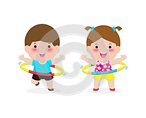 Cute cartoon kids exercises with hula hoop. Children playing hoola hoop, Weight loss concept, healthy food and fitness, Funny