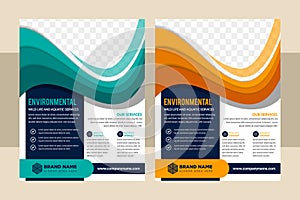 Vector business brochure, vertical flyer template. Modern orange and blue corporate design.
