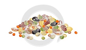 Heap of different beans and legumes isolated on white background.