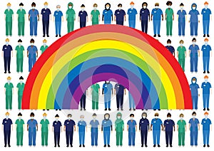 NHS hospital staff wearing face masks, standing behind a rainbow photo