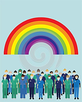 NHS hospital staff wearing face masks, standing below a rainbow photo