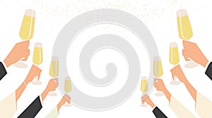 People hand raise champagne glasses to celebrating party in flat icon design on white color background
