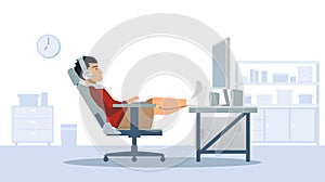 Man sitting on gaming chair playing computer from home during corona virus pandemic quarantine in flat icon design