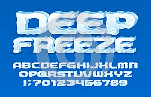 Deep Freeze alphabet font. 3D cartoon ice letters and numbers.