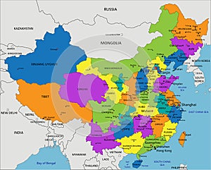 Colorful China political map with clearly labeled, separated layers.