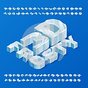 3D Frosty alphabet font. 3D isometric ice letters and numbers.