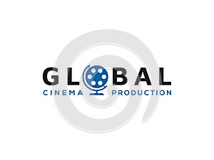 Universal globe with movie film cinema rell vector logo