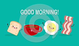 Good morning cute cartoon happy coffee cup, Egg, toast, bacon, Breakfast Funny characters Best friends Concept food and drink