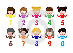 Happy children hand showing the number zero one two three four five six Seven eight nine kids showing numbers 0-9 by fingers.
