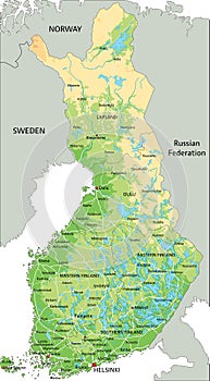 High detailed Finland physical map with labeling.