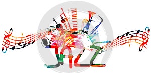 Colorful jazz music promotional poster with music instruments and notes isolated vector illustration. Artistic abstract background