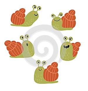 Funny and cute snail in different poses