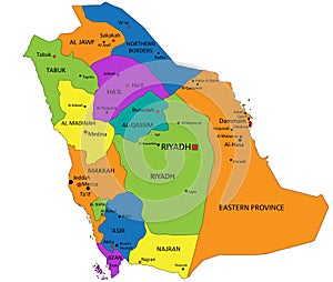 Colorful Saudi Arabia political map with clearly labeled, separated layers.