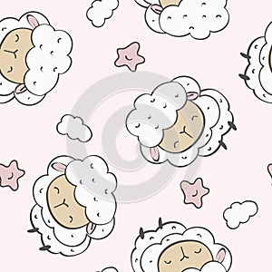PrintFun minimalistic delicate children`s print. Sheep in clouds on a pink background. Textile design, a template for the design o