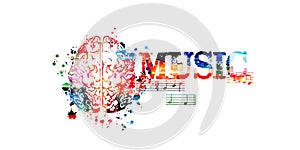 Colorful music promotional poster with brain and music notes isolated vector illustration. Artistic abstract background with music