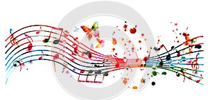 Colorful music promotional poster with music notes isolated vector illustration. Artistic abstract background with music staff for