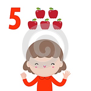 Happy children and hand showing the number five, cute kids showing numbers 5 by fingers little child study math number count fruit