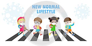 New normal lifestyle concept Back to school happy cute diverse Kids  across the crosswalk and Students of Different nationalities