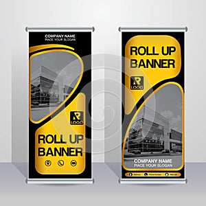 Gold & Black flag banner business brochure flyer design template vector, leaflet cover presentation abstract geometric backgroun.