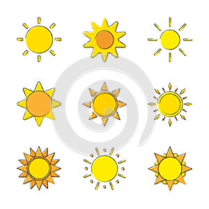 Sun icons collection, Doodle suns, Sun set cartoon, Vector illustration.