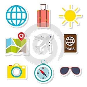 Stickers icon for tourism set, Vacation elements, Journey in holidays, Flat style vector illustration.