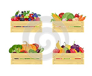 Set of Wooden boxes with different fresh vegetables, berries and fruits Isolated