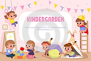 Kids play together in kindergarden. Kindergarden illustration vector.