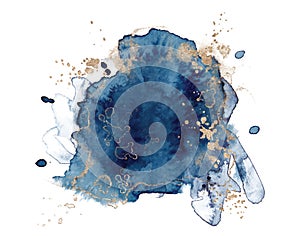 Abstract watercolor blue and gold shapes on white background. Color splashing hand drawn vector