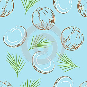 Whole and open coconuts on blue background. Seamless pattern with coco and leaf.