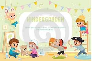 Children play in kinder garden. Preschool kids have fun. photo