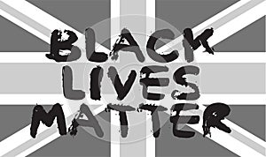 Black lives matter text on black and white Union Jack background