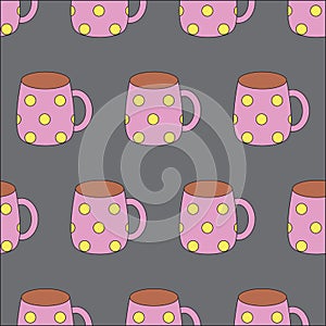 Seamless pattern with cartoon cup of coffee. Tea, cacao, coffee