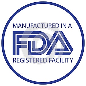 Manufactured in a FDA registered facility icon in round and blue white combination