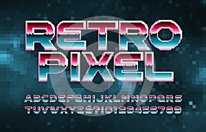 Retro Pixel alphabet font. Computer letters and numbers. Abstract pixel background.